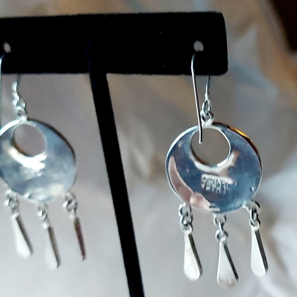 Mexico Alpaca Silver Dangle Earrings Floral MOP White Abalone .925 Earwires - Picture 5 of 8